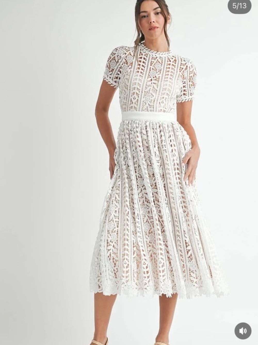 White eyelet Lace Midi Dress with Short Sleeves
